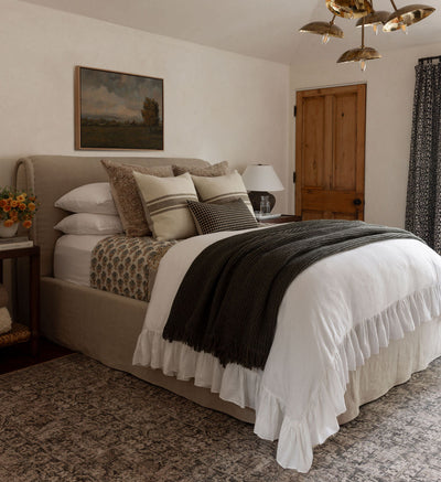 Neatly made bed with decorative pillows and a blanket in a bedroom setting.