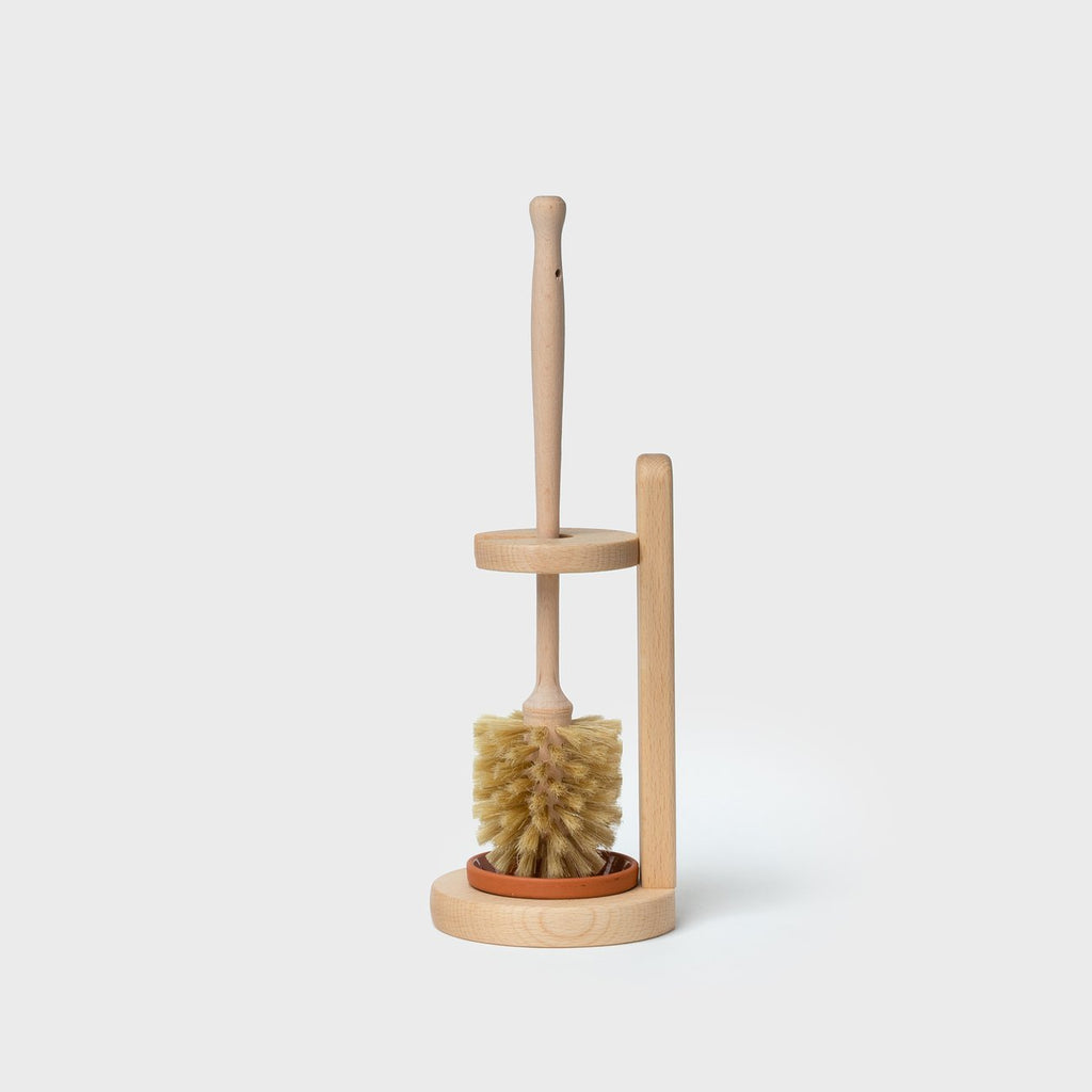 Wooden cleaning brush set with scrubber on a white background