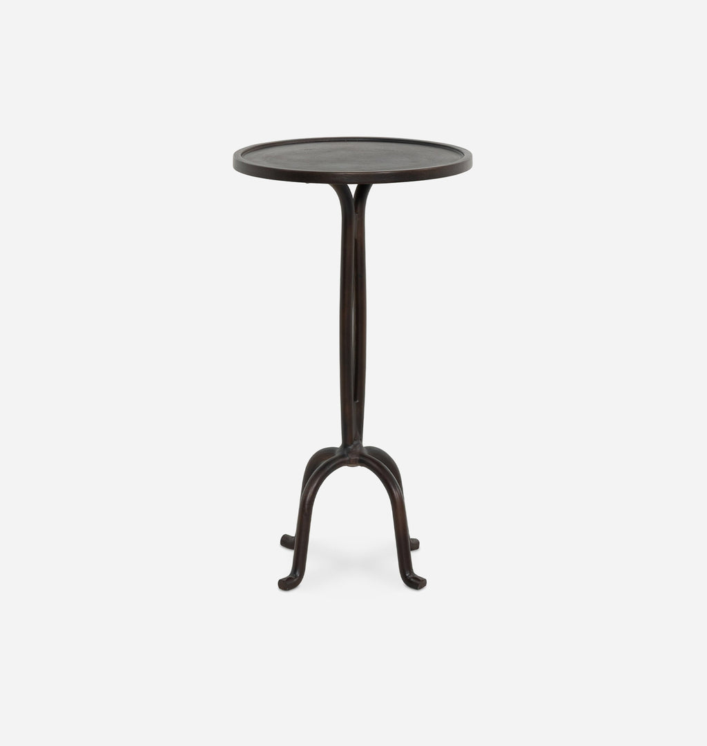 A round dark metal side table with a curved, multi-armed metal pedestal base, shown against a plain light gray background.