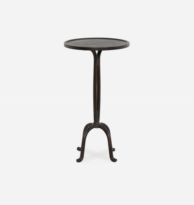 A round dark metal side table with a curved, multi-armed metal pedestal base, shown against a plain light gray background.