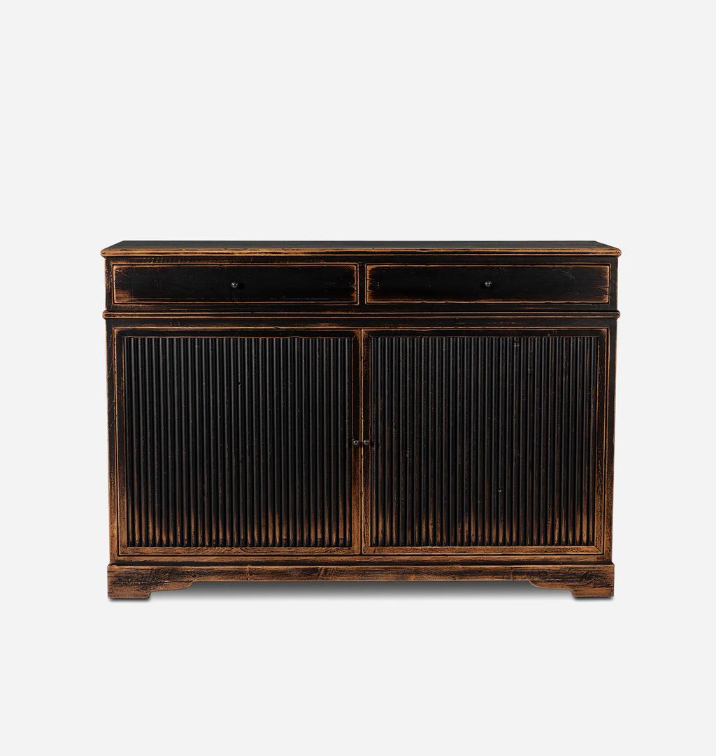 A dark brown and black wooden sideboard cabinet with two drawers on top and two vertically-slatted doors below, shown against a plain white background.