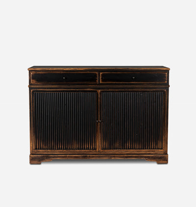 A dark brown and black wooden sideboard cabinet with two drawers on top and two vertically-slatted doors below, shown against a plain white background.
