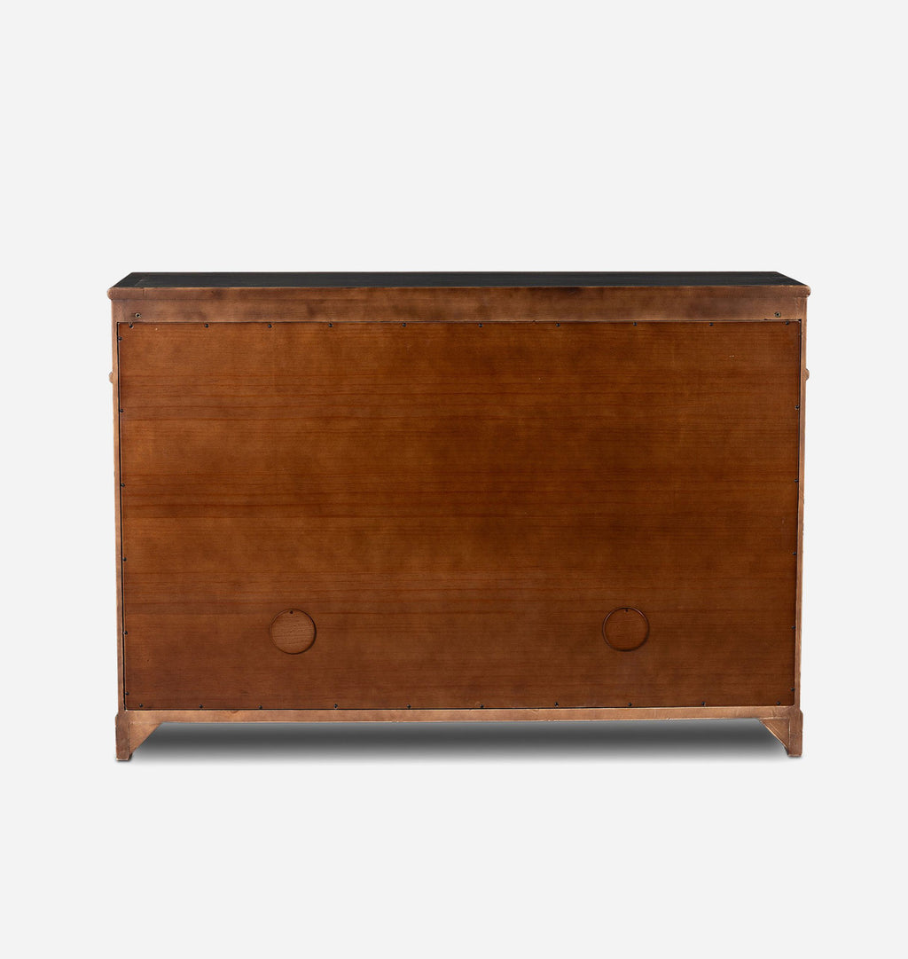 A mid-century modern wooden chest or trunk with a warm brown wood finish, featuring two circular cutout details on the front and a dark top surface, shown against a plain light gray background.