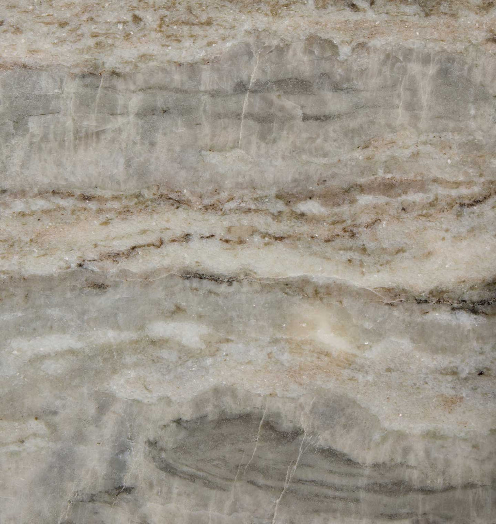 A close-up texture of polished marble or granite stone with layered horizontal bands in beige, gray, and white, featuring natural veining and crystalline structure.