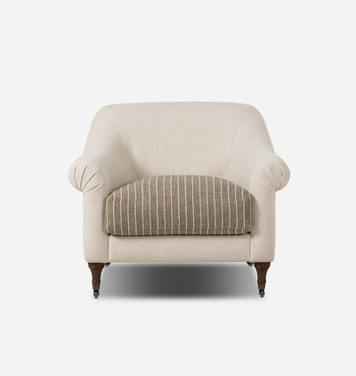 A classic armchair upholstered in a warm beige textured fabric, featuring a contrasting square cushion with vertical taupe and white stripes, supported by dark wood legs, set against a plain white background.