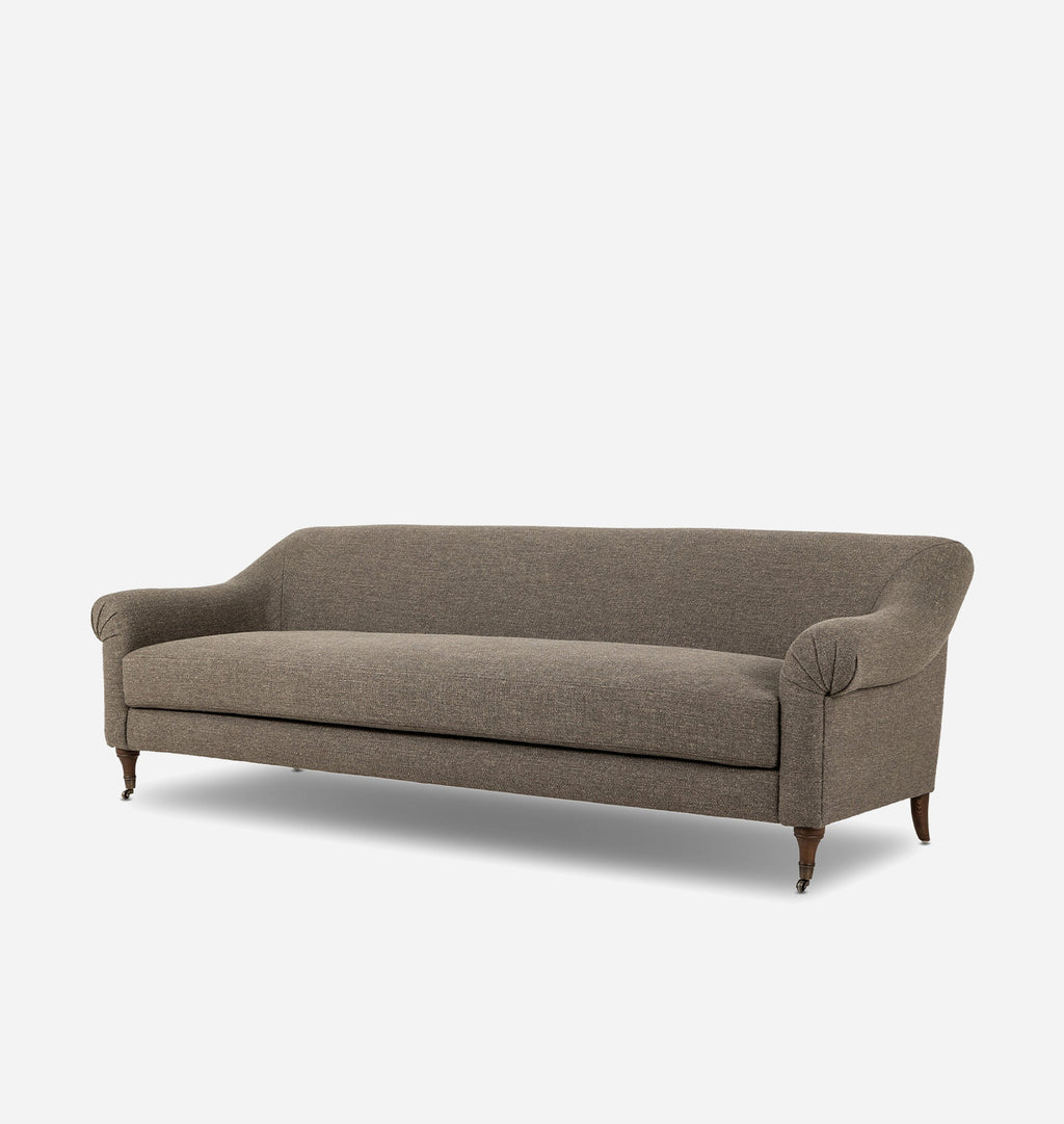 A classic three-seater sofa upholstered in textured taupe fabric with dark wooden legs, shown from a three-quarter angle against a light gray background.