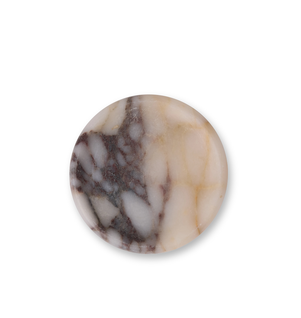 A calacatta viola marble coaster with light grey and violet veining set against a white background.